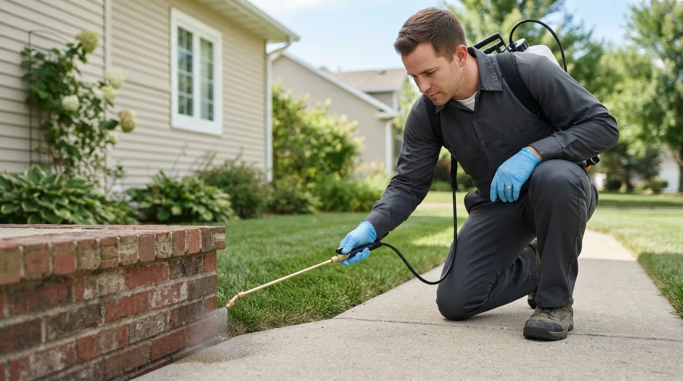 Pest control technician treating a home near Underwood, IA
